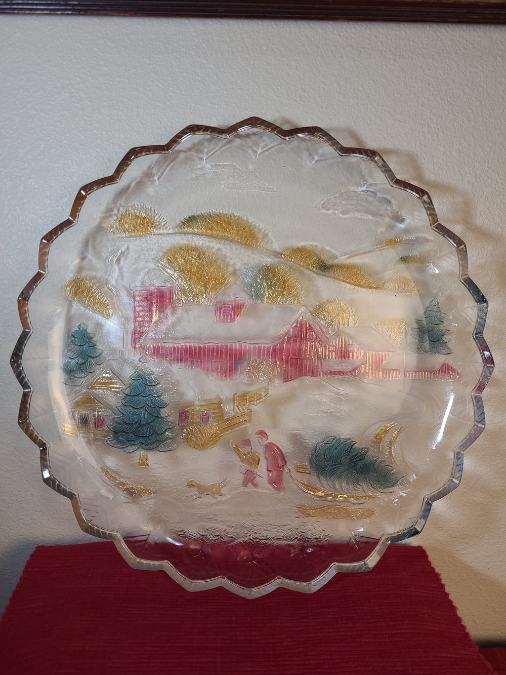 Vinatage Crystal Clear Studios Winter Estates 14" Glass Christmas Platter 1992